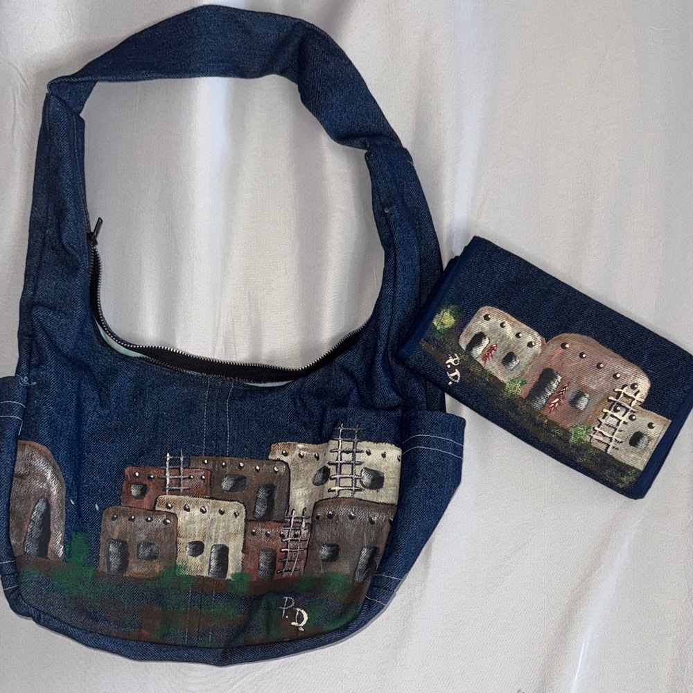 Hand made + painted denim native bag & clutch wallet set, one of a kind